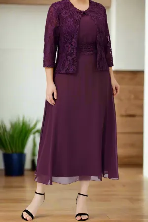 2 Pieces A-Line Grape Tea Length Mother of The Bride Dresses
