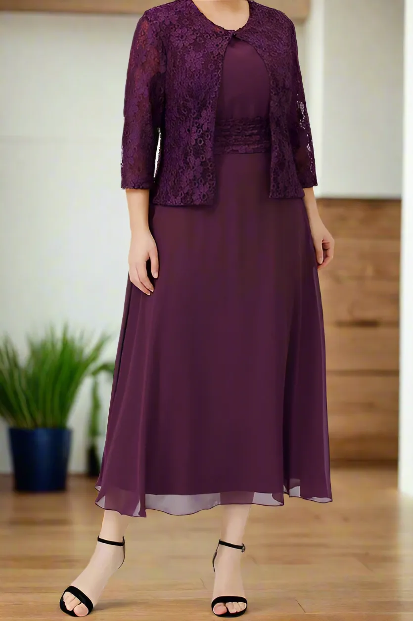 2 Pieces A-Line Grape Tea Length Mother of The Bride Dresses