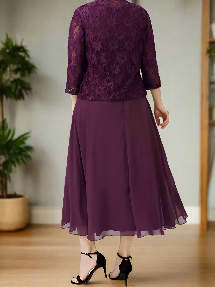 2 Pieces A-Line Grape Tea Length Mother of The Bride Dresses