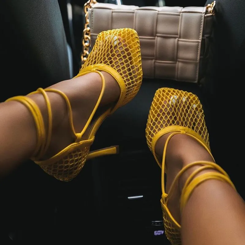 2023 new spring summer high heels Lace shoes for women Mesh sexy luxury open-toe fashion Elegant banquet Pumps for ladies