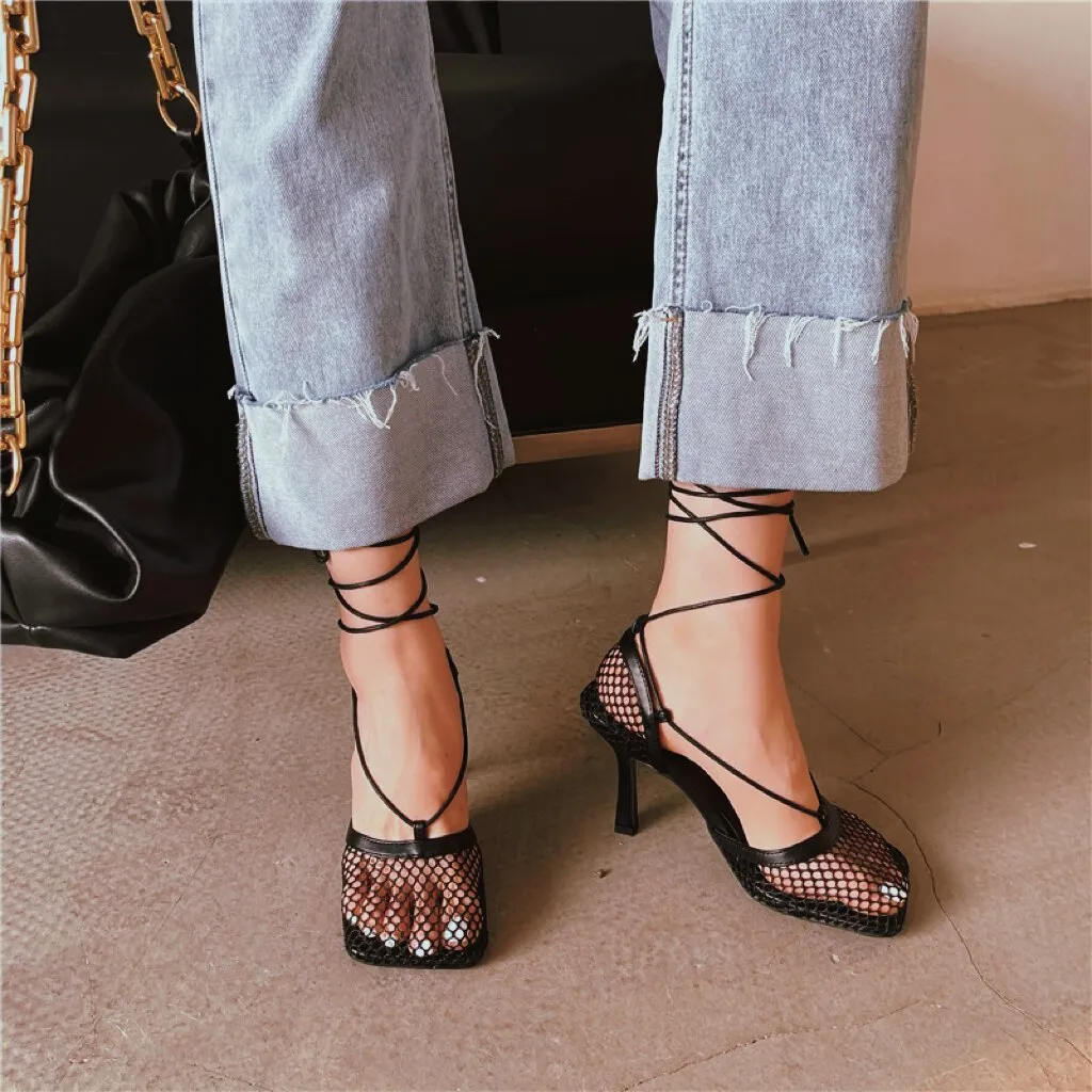 2023 new spring summer high heels Lace shoes for women Mesh sexy luxury open-toe fashion Elegant banquet Pumps for ladies