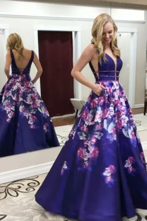 A-Line Deep V-Neck Sweep Train Printed Satin Backless Prom Dress with Beading C006