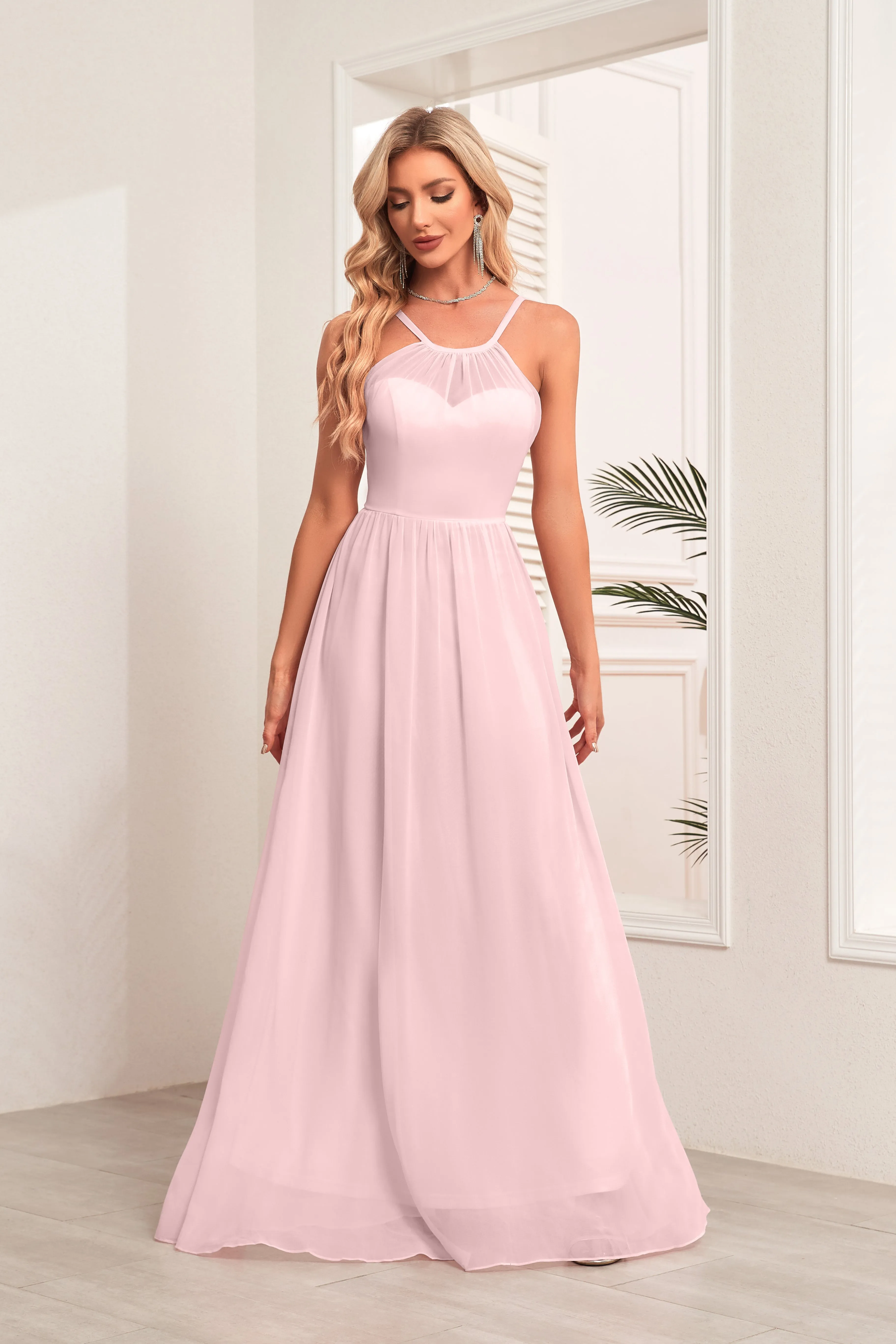 A-line Halter Floor-Length Chiffon Bridesmaid Dress