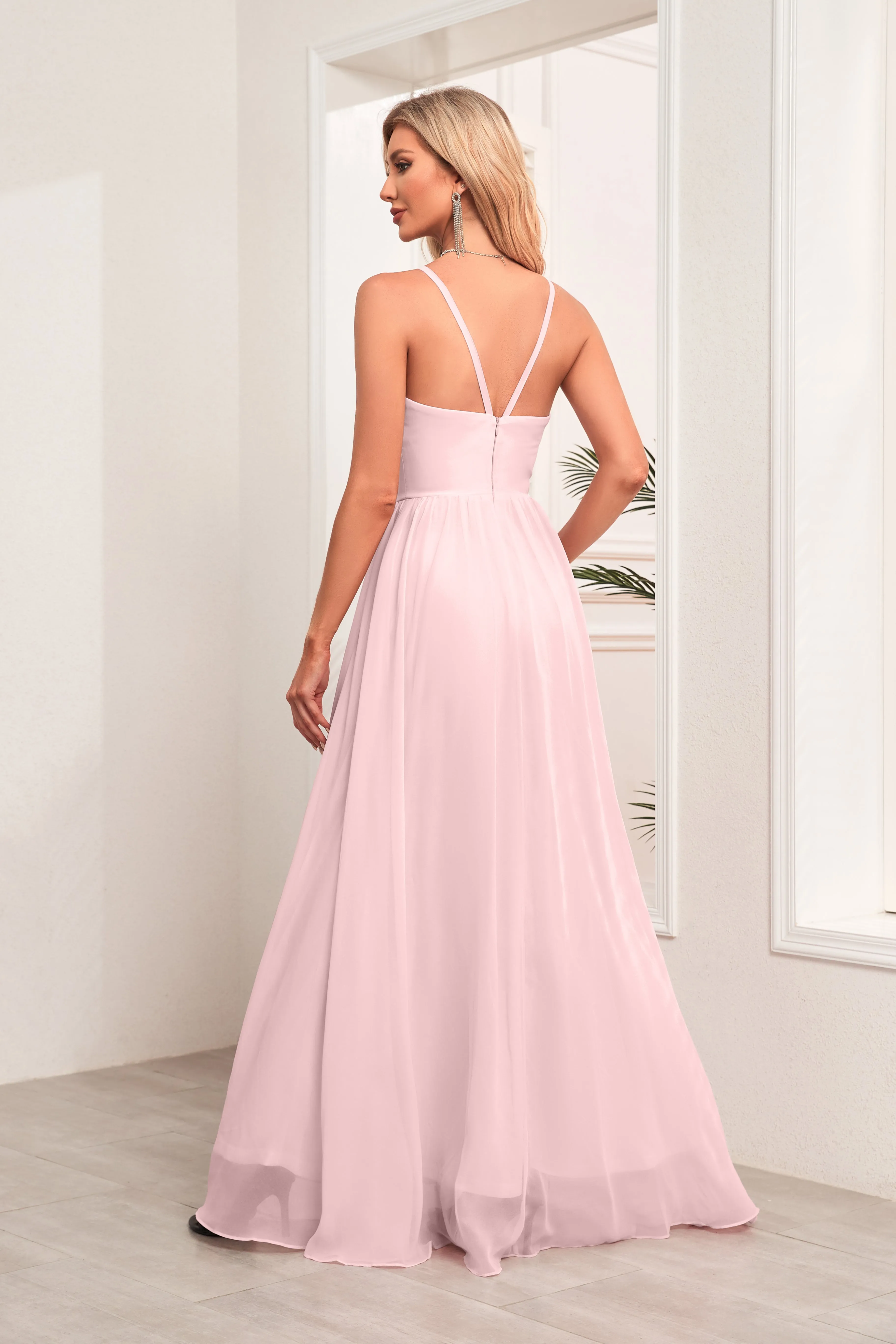 A-line Halter Floor-Length Chiffon Bridesmaid Dress