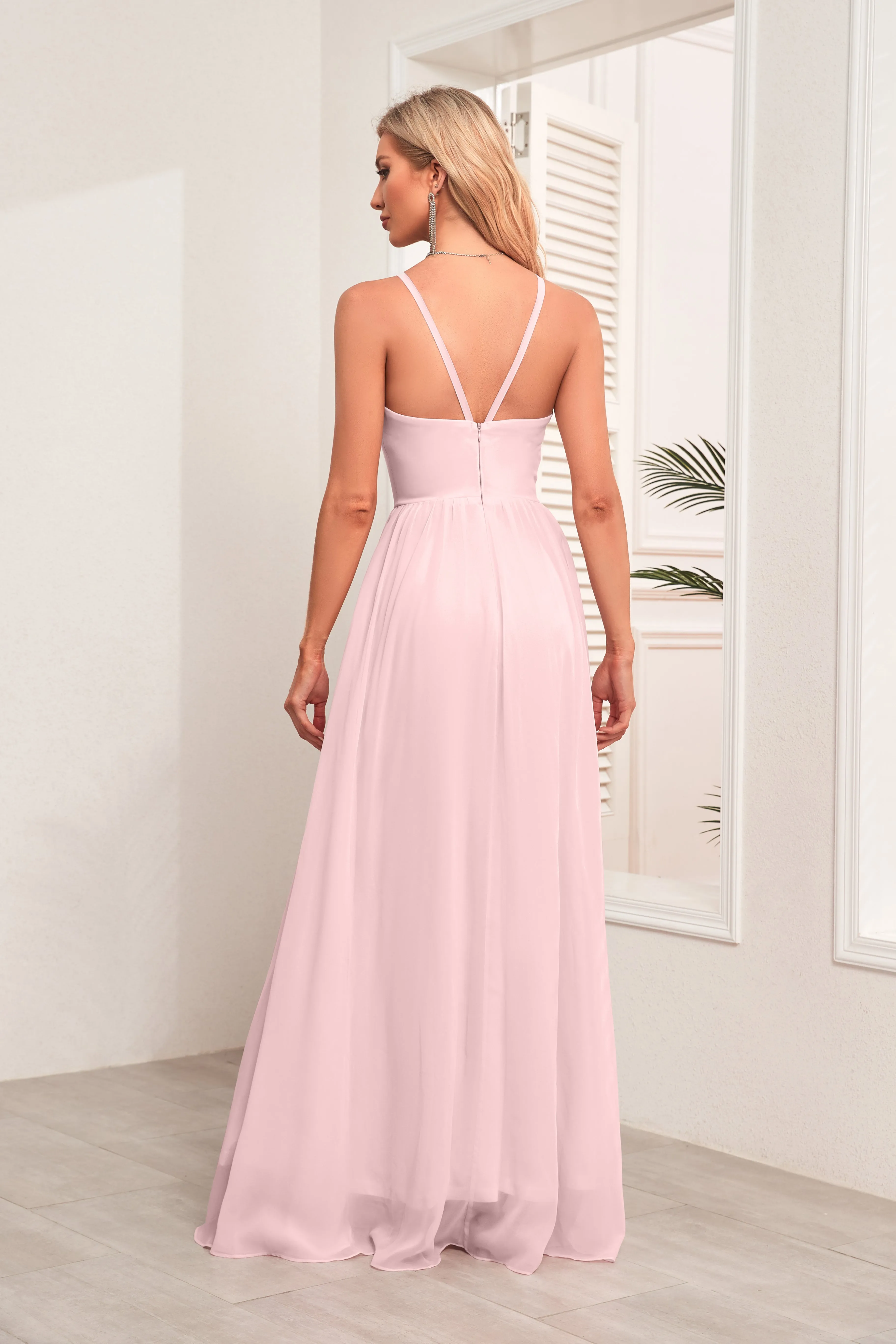 A-line Halter Floor-Length Chiffon Bridesmaid Dress