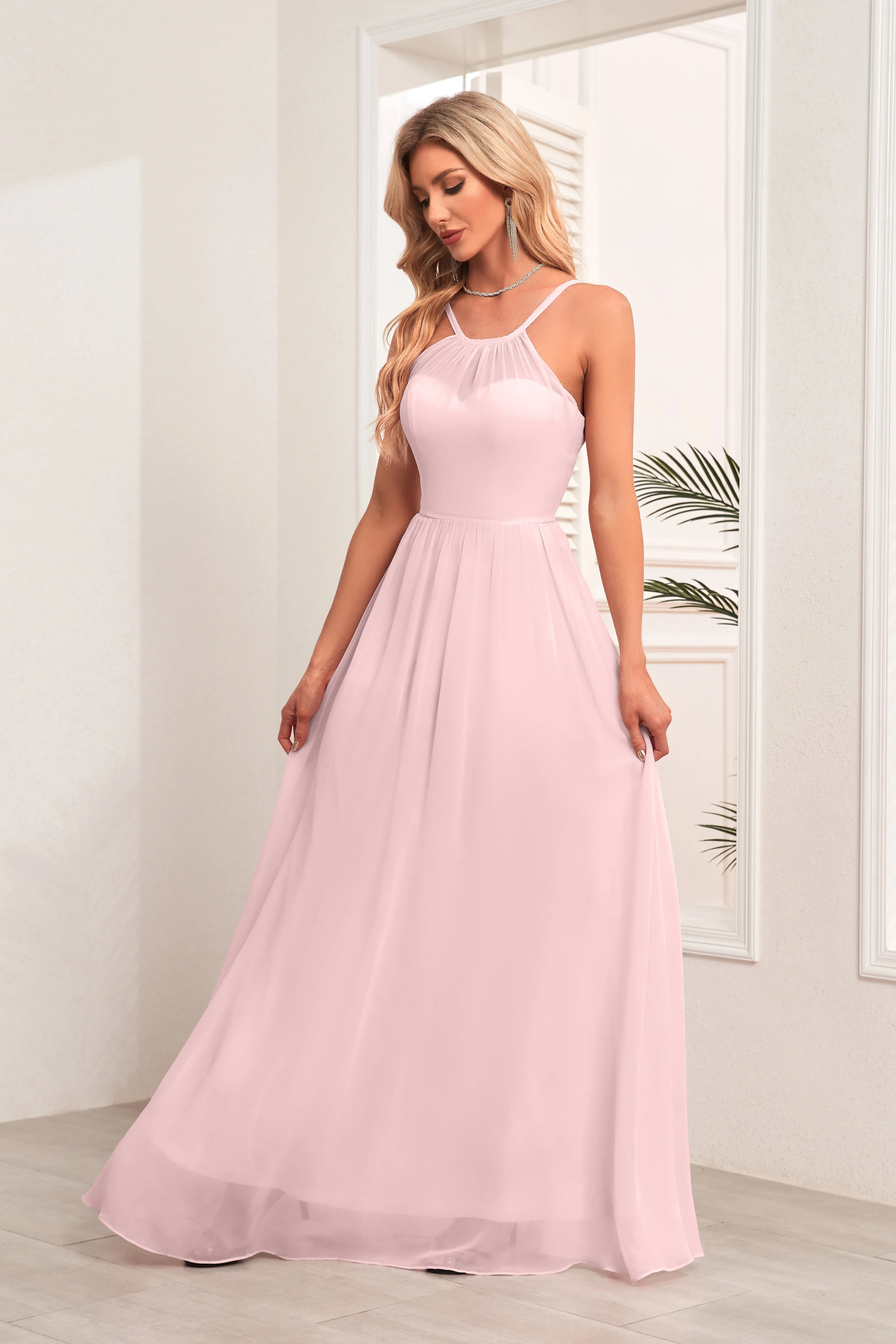 A-line Halter Floor-Length Chiffon Bridesmaid Dress