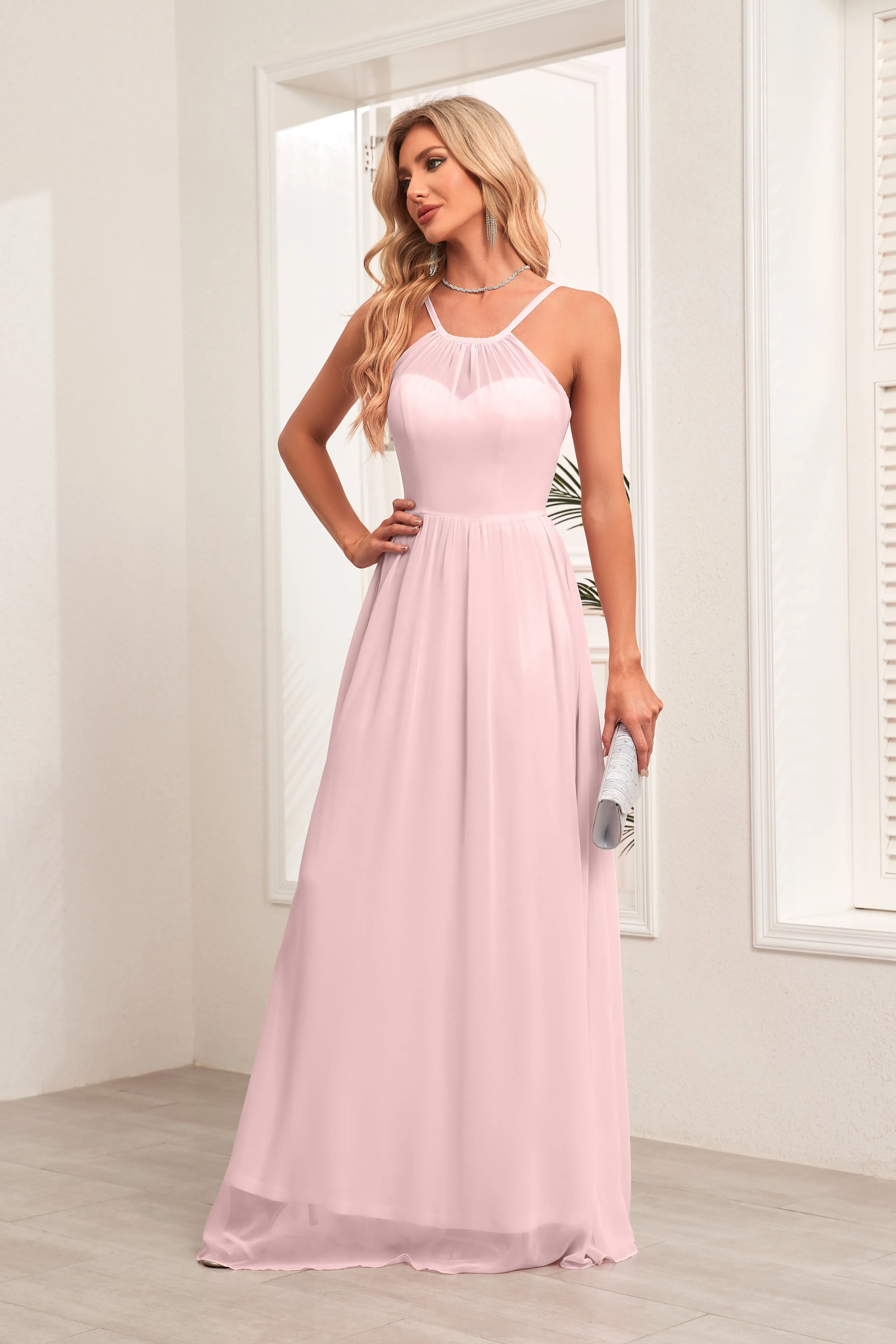 A-line Halter Floor-Length Chiffon Bridesmaid Dress