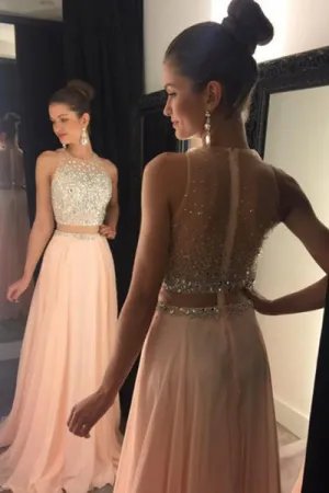 A-Line Jewel Sweep Train Pearl Pink Chiffon Sleeveless Prom Dress with Beading L030