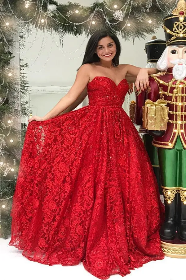 A Line Long Princess Sweetheart Red  Full Lace Long Strapless Elegant Simple Prom Dress LPD011