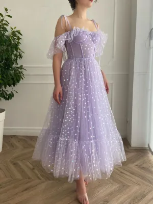 A line off shoulder tea length purple prom dress, purple formal dress
