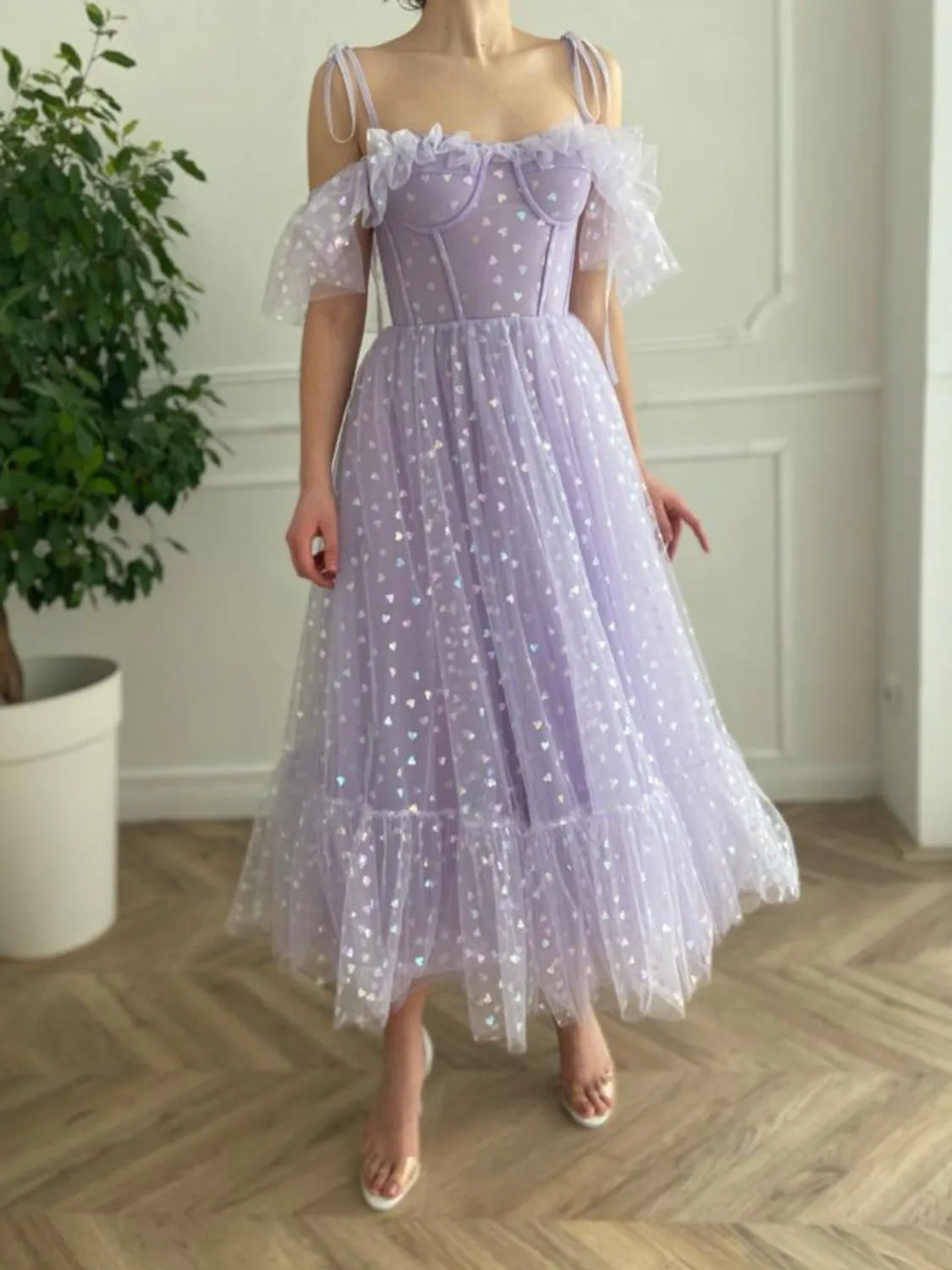 A line off shoulder tea length purple prom dress, purple formal dress