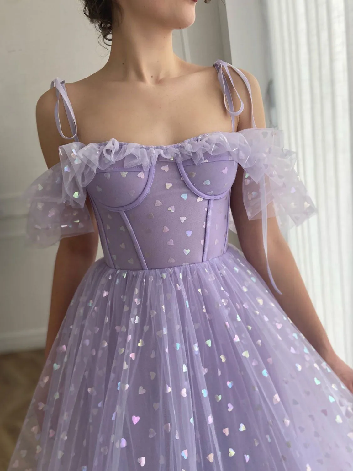 A line off shoulder tea length purple prom dress, purple formal dress