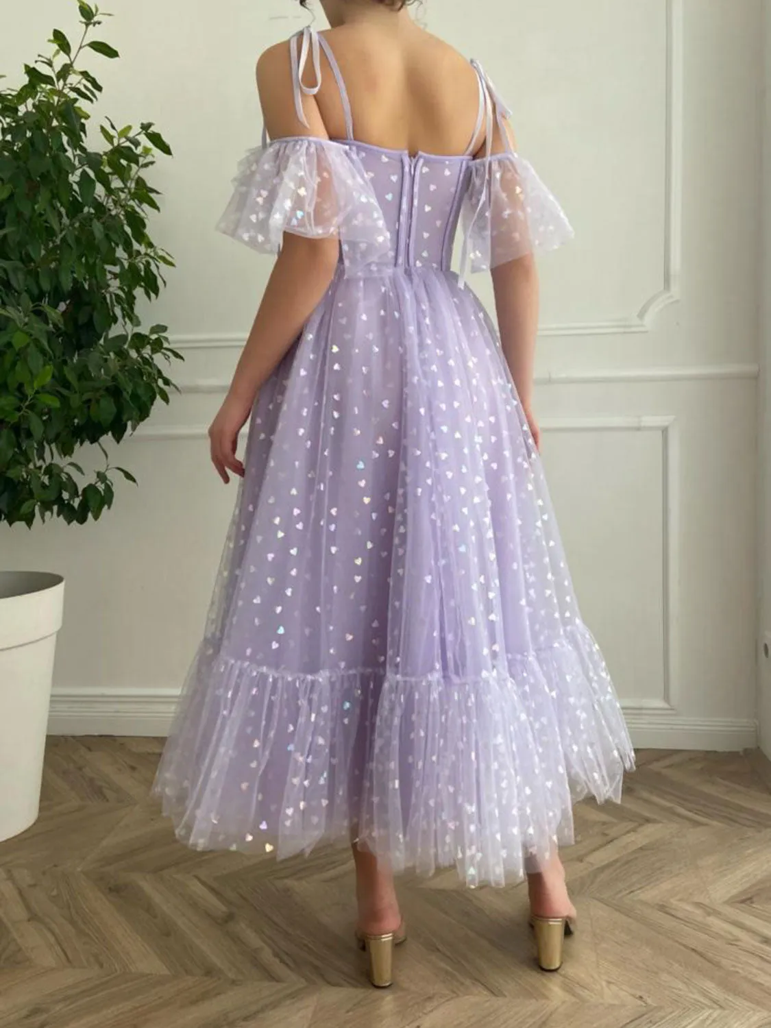A line off shoulder tea length purple prom dress, purple formal dress