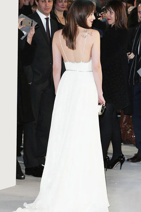 A-Line Spaghetti Straps White Chiffon Sleeveless Backless Prom Dress with Beading L015