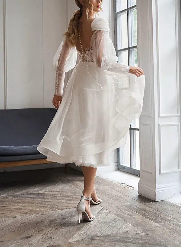 A-Line Sweetheart Long Sleeves Elegant Tulle Wedding Dresses With Appliques Lace