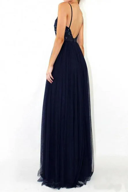 A-Line V-Neck Floor-Length Navy Blue Prom Dress with Sequins OHC009