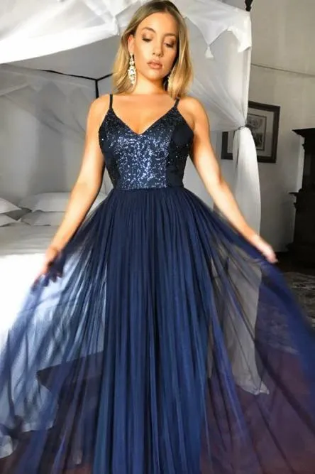 A-Line V-Neck Floor-Length Navy Blue Prom Dress with Sequins OHC009