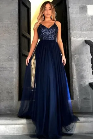 A-Line V-Neck Floor-Length Navy Blue Prom Dress with Sequins OHC009