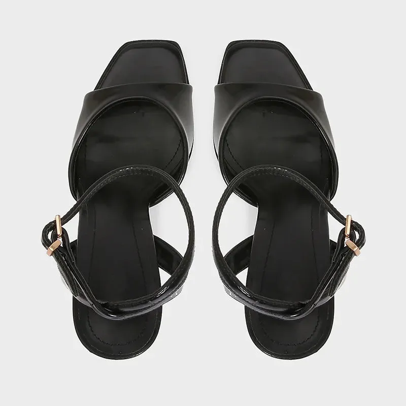 ADVBRIDGE  -  Black Patent Leather Ankle Strap Buckle Heeled Sandals Women Sexy Square Open Toe High Heels Summer Elegant Party Office Shoes