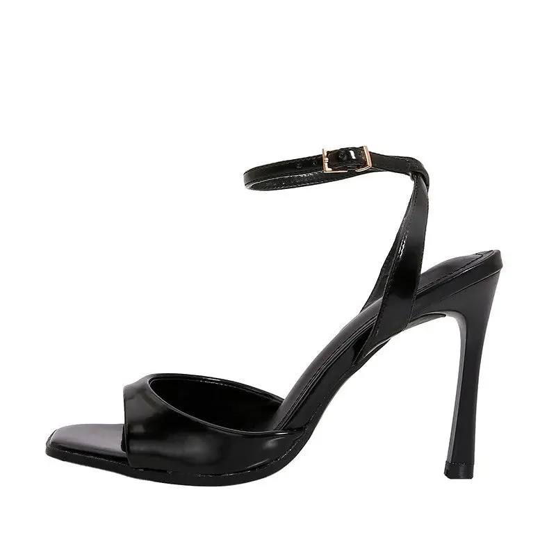 ADVBRIDGE  -  Black Patent Leather Ankle Strap Buckle Heeled Sandals Women Sexy Square Open Toe High Heels Summer Elegant Party Office Shoes