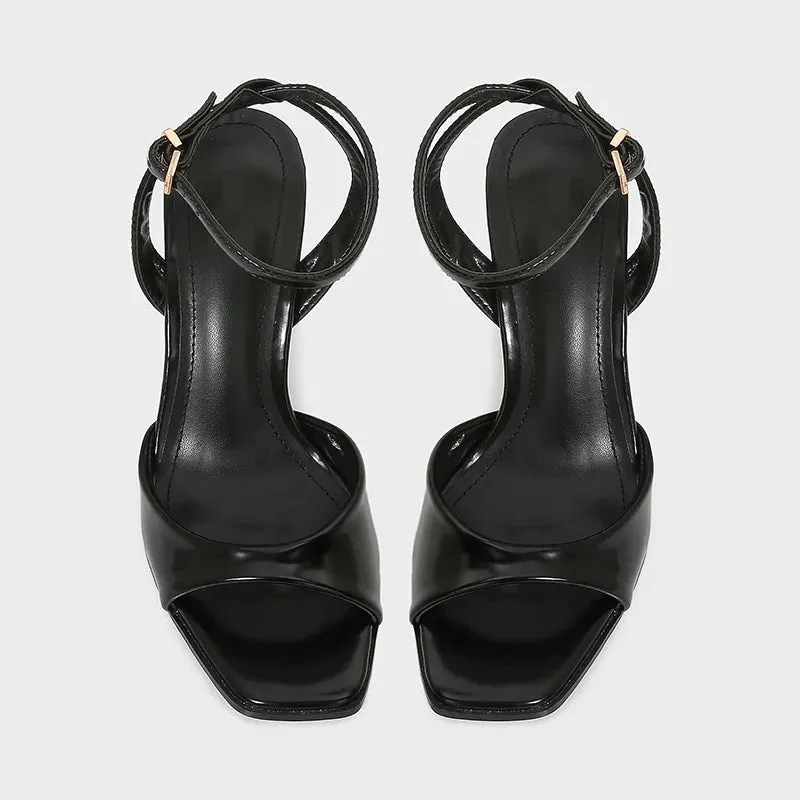 ADVBRIDGE  -  Black Patent Leather Ankle Strap Buckle Heeled Sandals Women Sexy Square Open Toe High Heels Summer Elegant Party Office Shoes
