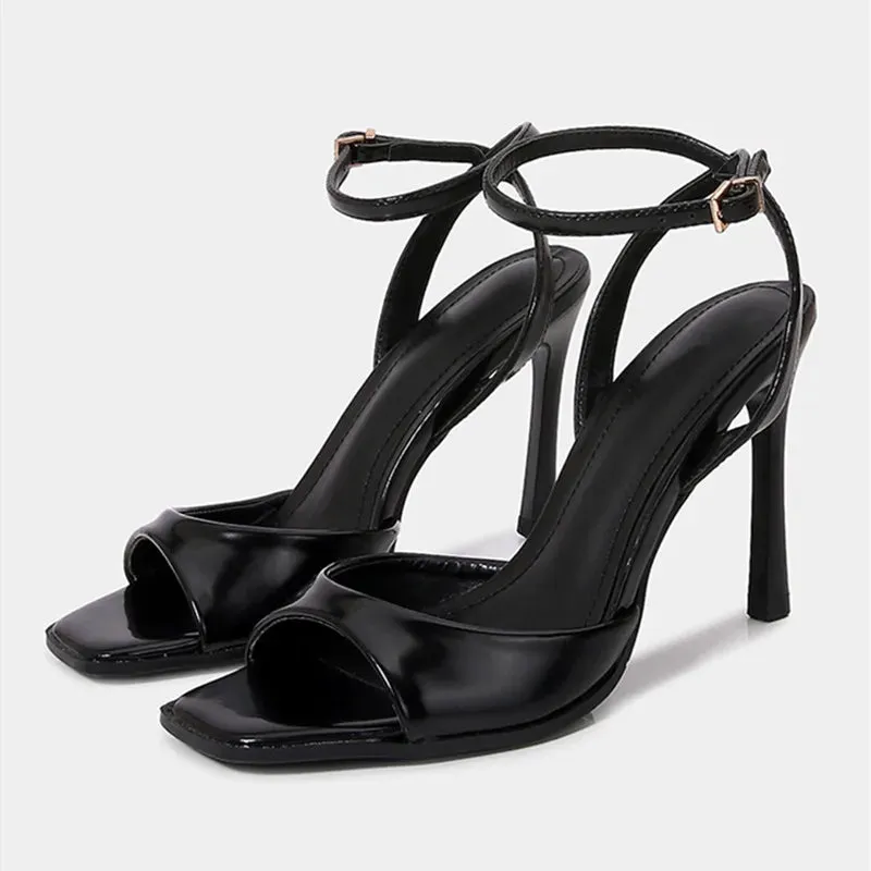 ADVBRIDGE  -  Black Patent Leather Ankle Strap Buckle Heeled Sandals Women Sexy Square Open Toe High Heels Summer Elegant Party Office Shoes