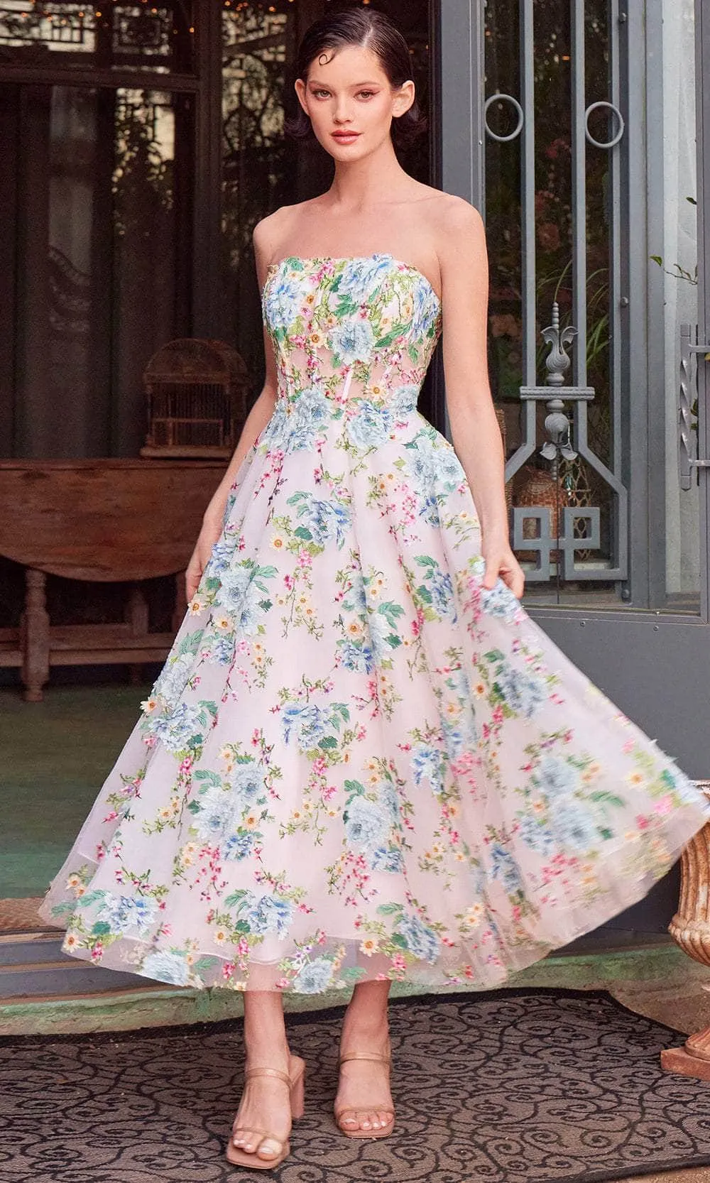 Andrea and Leo A1406 - Floral Applique Sweetheart Tea-Length Dress