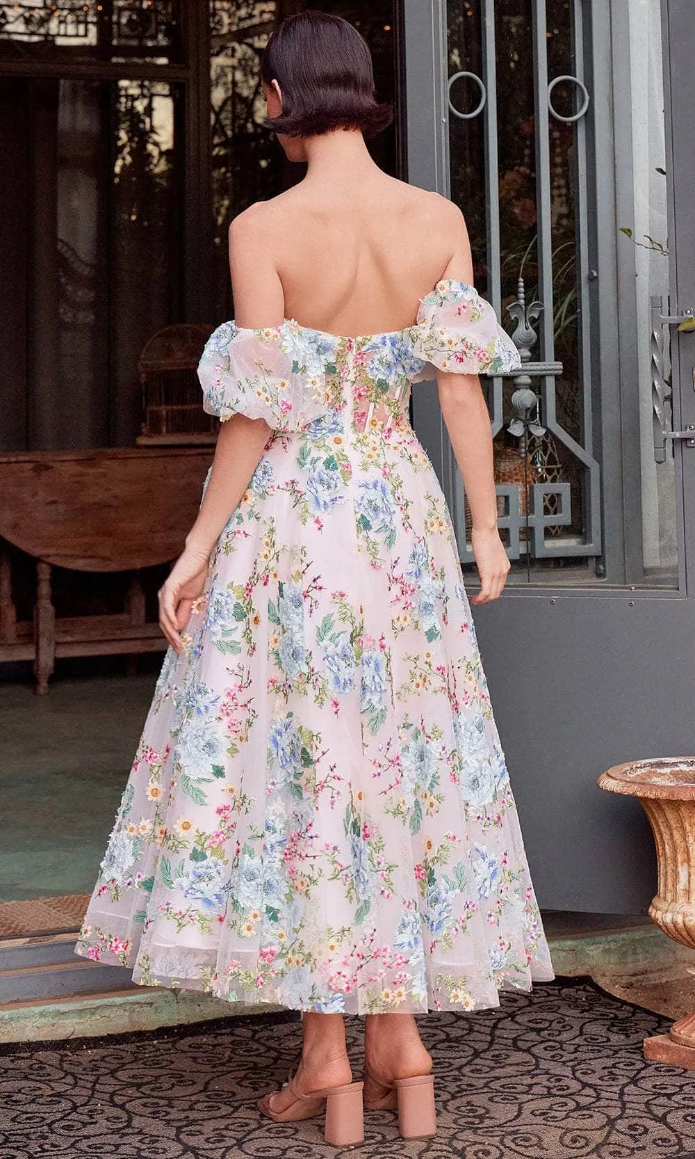 Andrea and Leo A1406 - Floral Applique Sweetheart Tea-Length Dress