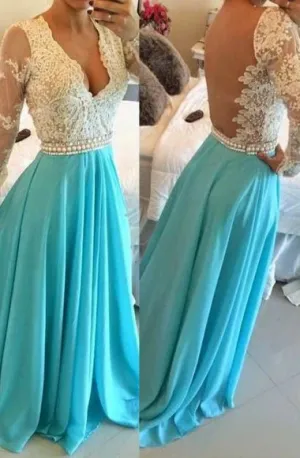 Anneprom A-Line V Ncek Chiffon Long Sleeves Backless Prom Dresses Evening Dresses APP0050
