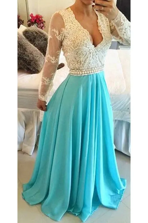 Anneprom A-Line V Ncek Chiffon Long Sleeves Backless Prom Dresses Evening Dresses APP0050