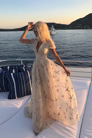 Anneprom A line V neck Champagne Prom Dresses With Sleeve Formal Gown Evening Dresses APP0575