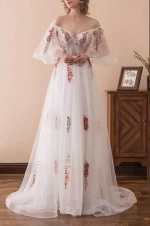 Anneprom Beautiful A line Off the Shoulder Wedding Dresses, Appliques Prom Dresses APP0652