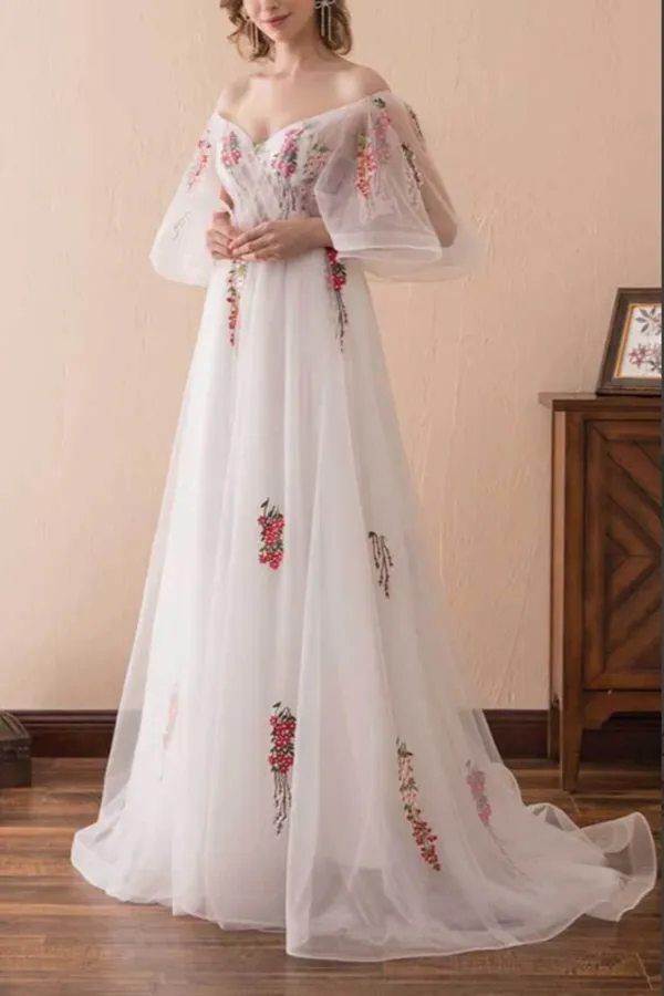 Anneprom Beautiful A line Off the Shoulder Wedding Dresses, Appliques Prom Dresses APP0652