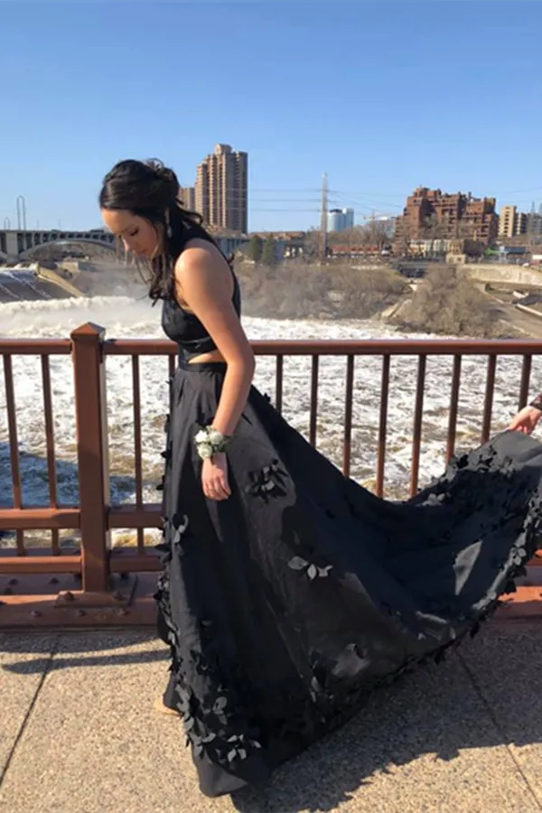 Anneprom Beautiful Black Satin Prom Dresses Modest A Line Party Gowns APP0498