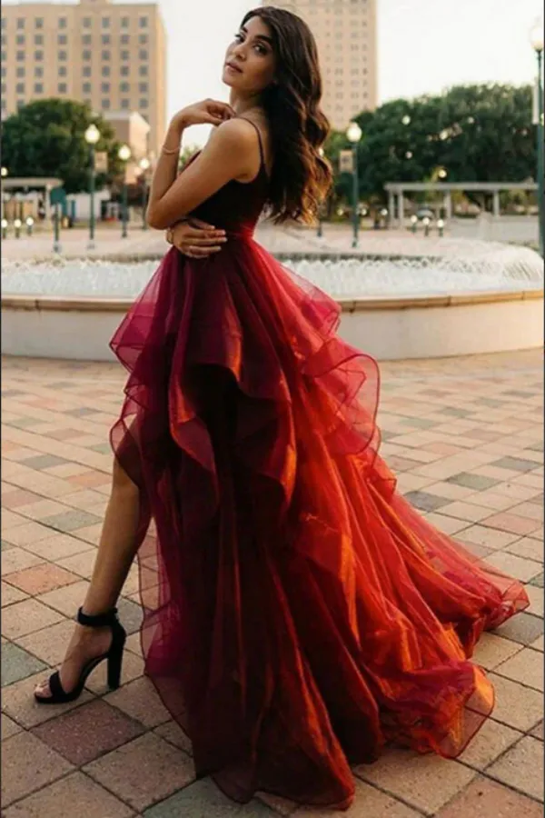 Anneprom Burgundy Tulle A line V Neck High Low Long Prom Dresses, Evening Dresses APP0680