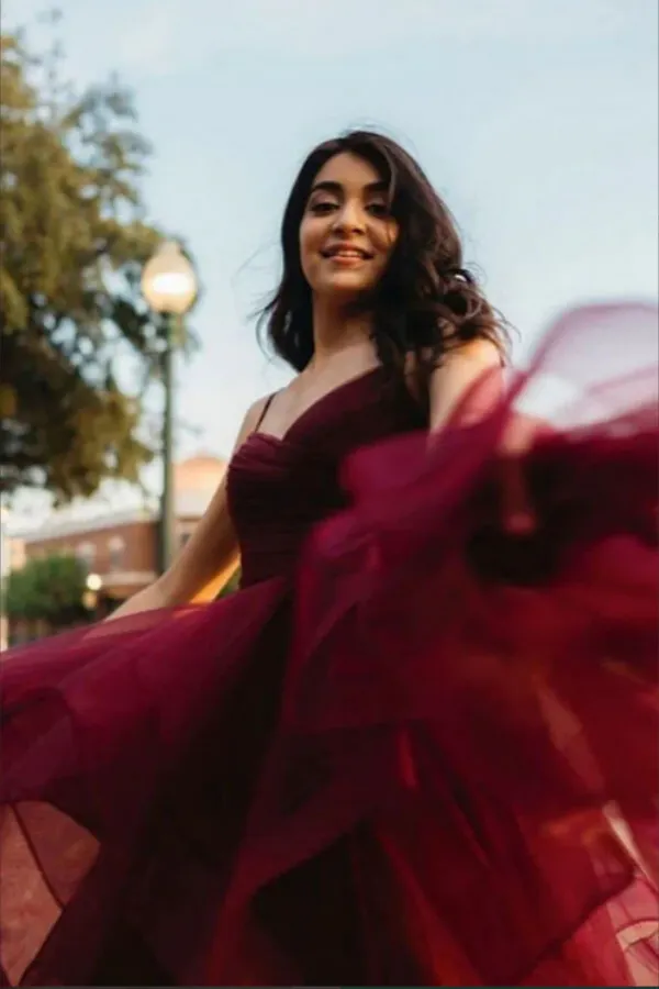 Anneprom Burgundy Tulle A line V Neck High Low Long Prom Dresses, Evening Dresses APP0680