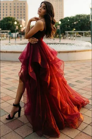 Anneprom Burgundy Tulle A line V Neck High Low Long Prom Dresses, Evening Dresses APP0680
