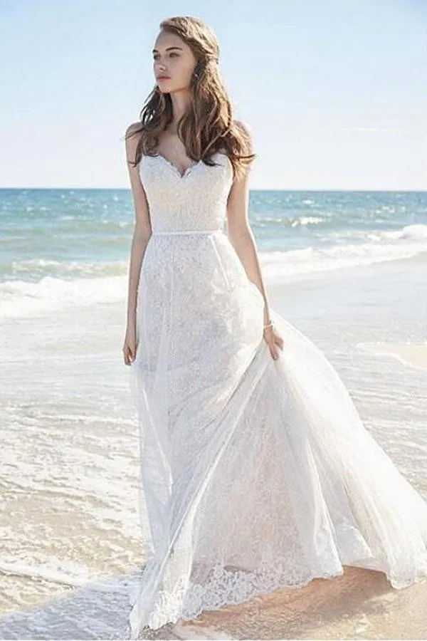 Anneprom Chic Lace Beach Spaghetti Straps Long Wedding Dresses APW0130