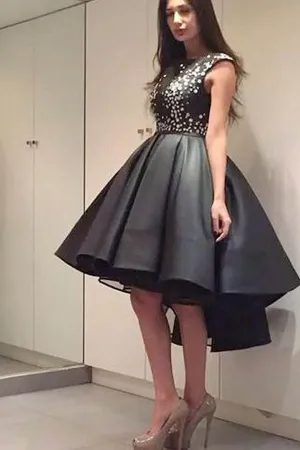 Anneprom Chic Modern Sparking Beading High Low Black Organza Homecoming Dress APP0167
