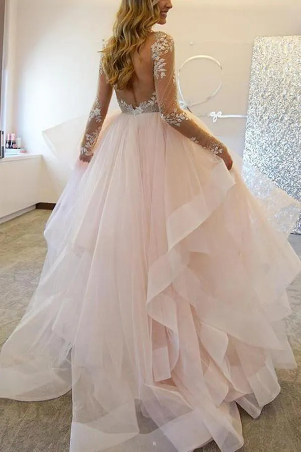 Anneprom Elegant A-Line Long Sleeves Tulle Wedding Dresses With Appliques APW0043