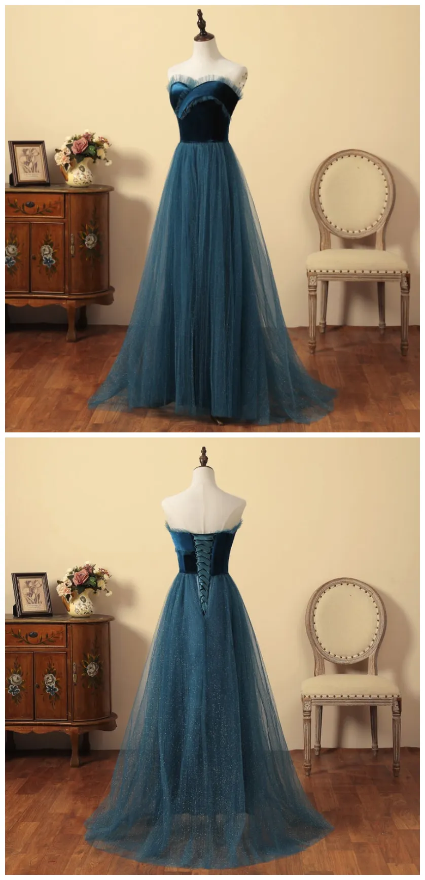 Anneprom Elegant Tulle and Velvet Tea Long Formal Dress, A-line Party Dress Evening Dress APP0406