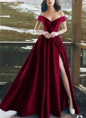 Anneprom Elegant V-neck Off The Shoulder Long Satin Prom Dresses With Slit APP0471