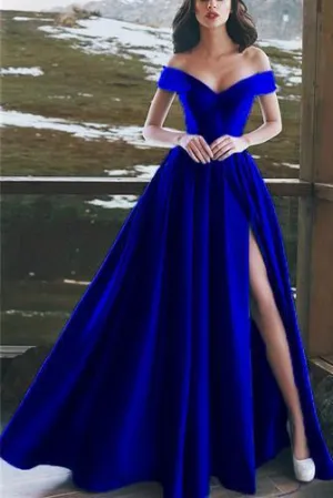 Anneprom Elegant V-neck Off The Shoulder Long Satin Prom Dresses With Slit APP0471