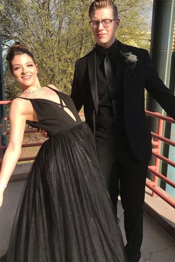Anneprom Fashion Spaghetti Straps Black Tulle A Line Prom Dresses Floor Length Evening Party Dresses APP0485