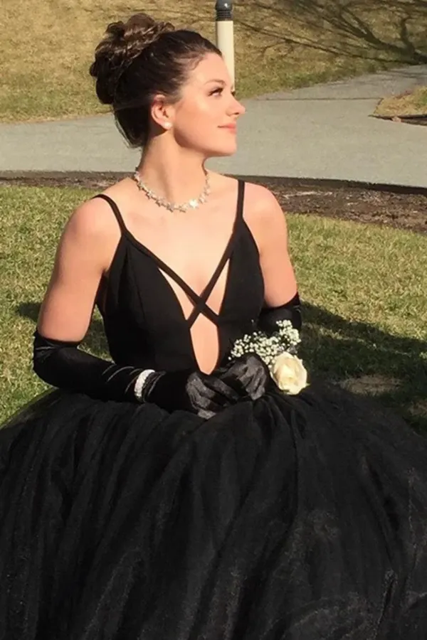 Anneprom Fashion Spaghetti Straps Black Tulle A Line Prom Dresses Floor Length Evening Party Dresses APP0485