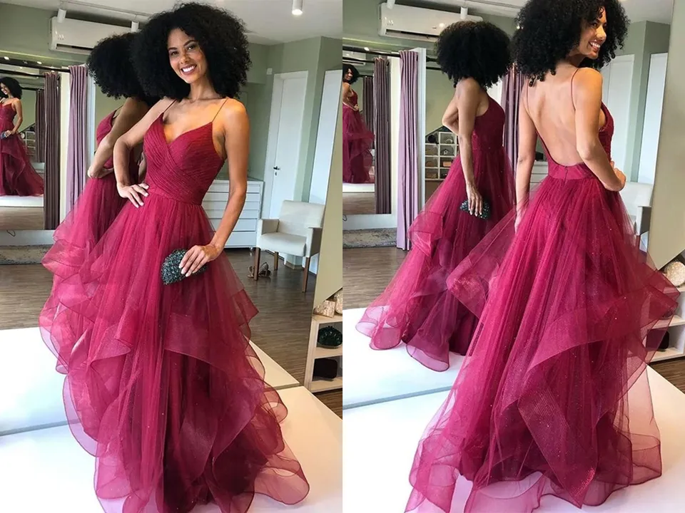 Anneprom Shiny V Neck Backless Burgundy Prom Dress, Backless Maroon Formal Evening Dress APP0497