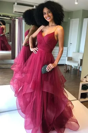 Anneprom Shiny V Neck Backless Burgundy Prom Dress, Backless Maroon Formal Evening Dress APP0497