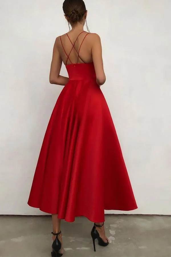 Anneprom Simple V Neck Satin Burgundy Tea Length Prom Evening Dresses APP0607