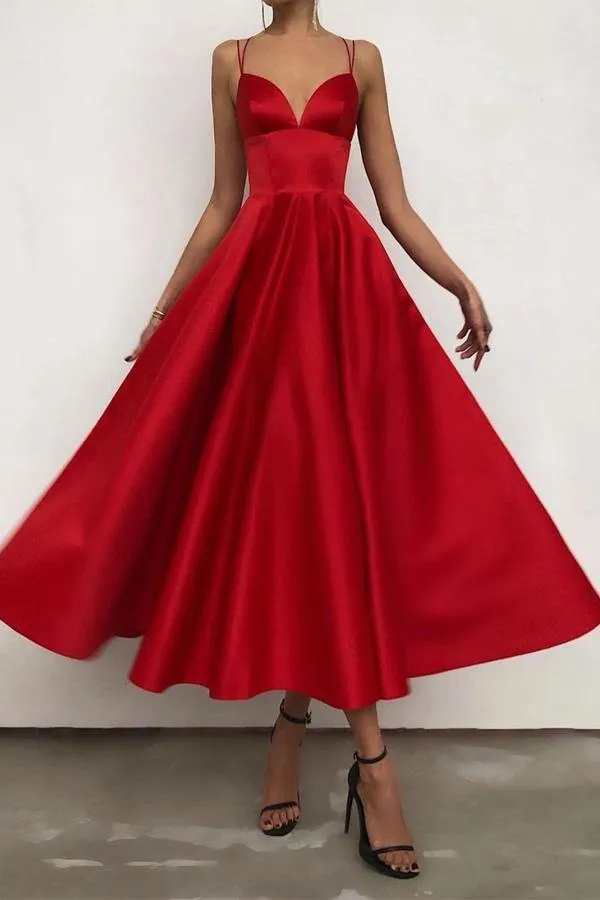 Anneprom Simple V Neck Satin Burgundy Tea Length Prom Evening Dresses APP0607