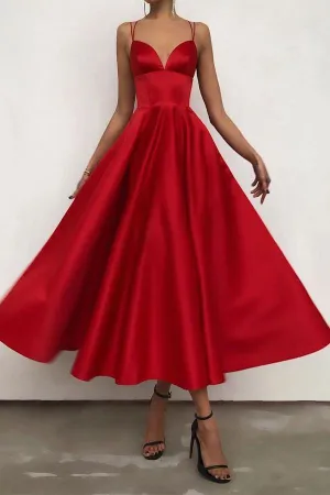 Anneprom Simple V Neck Satin Burgundy Tea Length Prom Evening Dresses APP0607